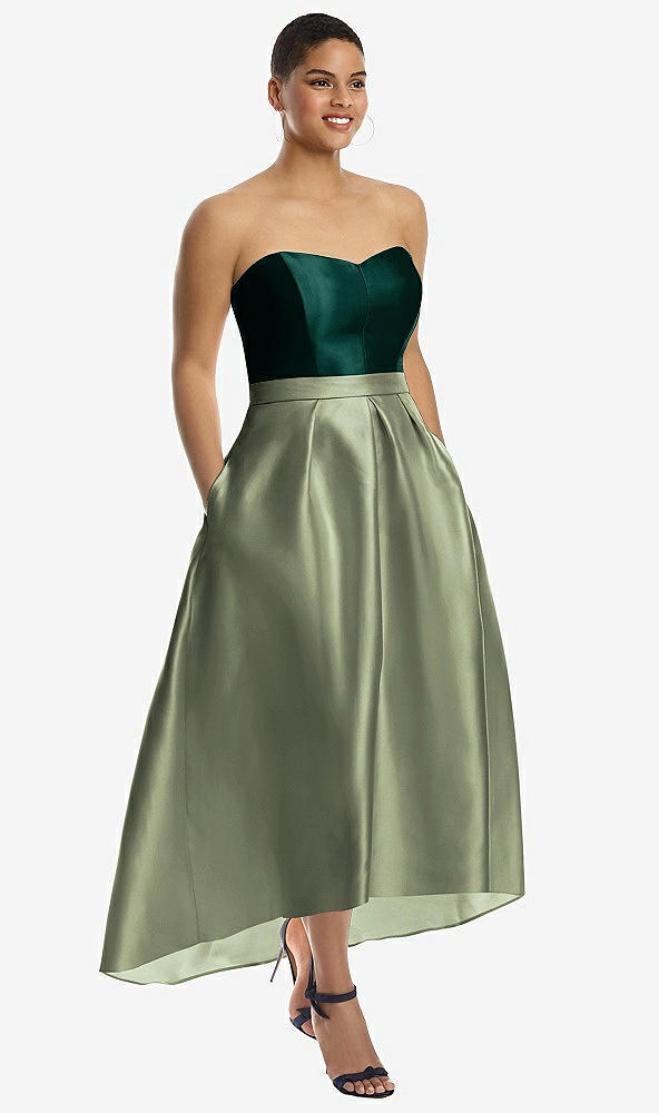 Front View - Sage & Evergreen Strapless Satin High Low Dress with Pockets