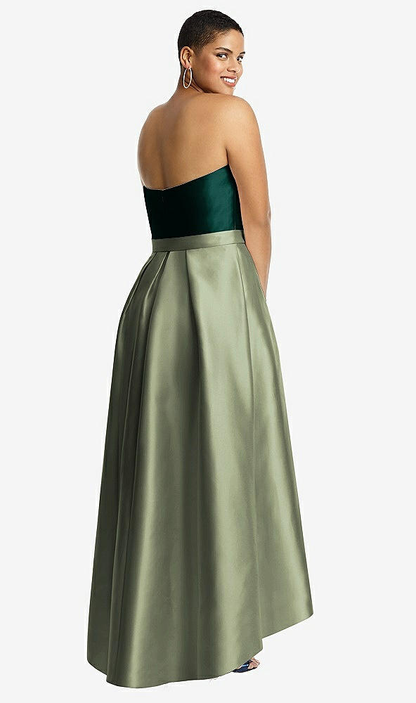 Back View - Sage & Evergreen Strapless Satin High Low Dress with Pockets