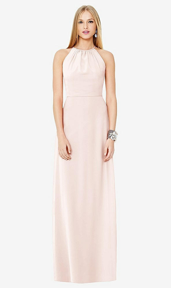 Front View - Blush Open-Back Shirred Halter Dress