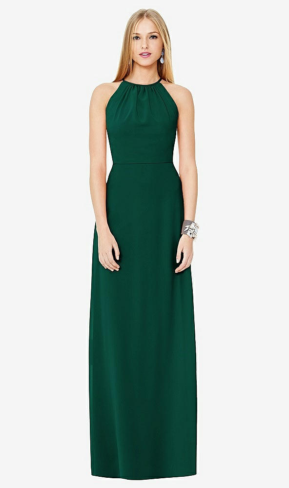 Front View - Hunter Green Open-Back Shirred Halter Dress