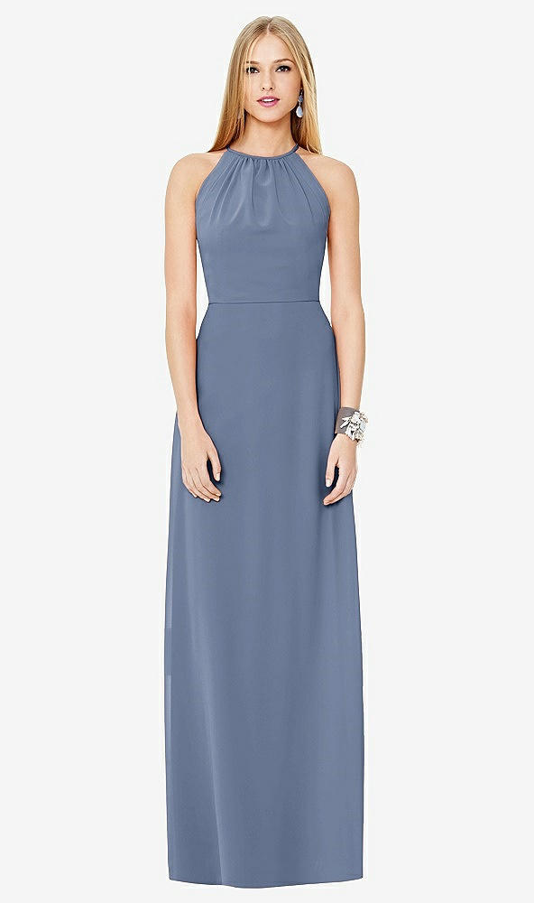 Front View - Larkspur Blue Open-Back Shirred Halter Dress