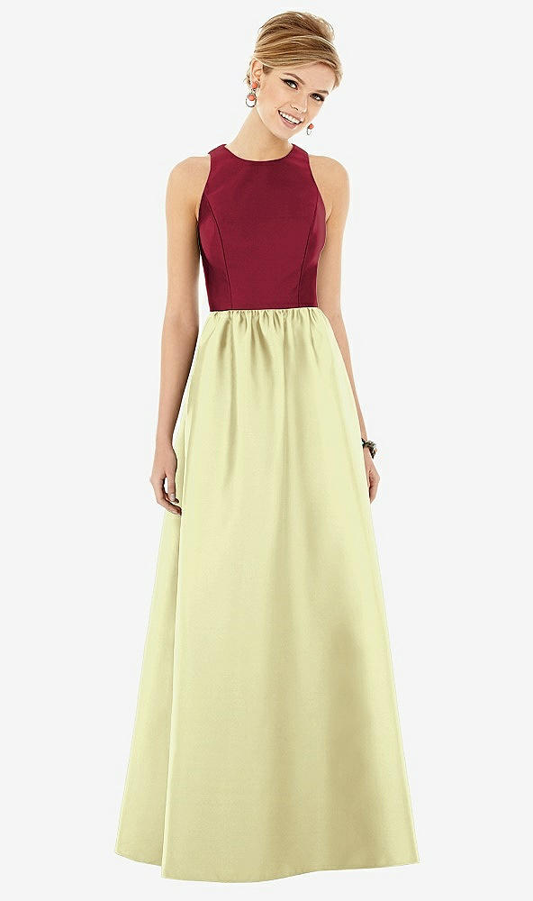 Front View - Butter Yellow & Burgundy Sleeveless Keyhole Back Satin Maxi Dress