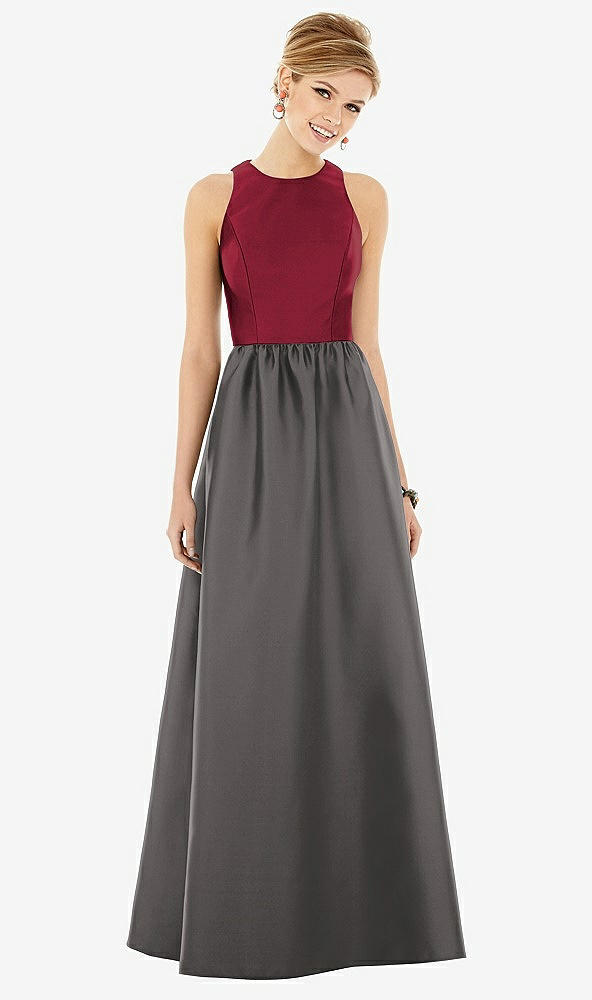 Front View - Caviar Gray & Burgundy Sleeveless Keyhole Back Satin Maxi Dress