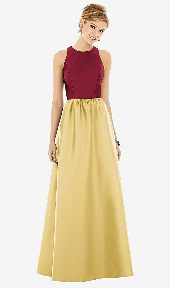 Front View - Maize & Burgundy Sleeveless Keyhole Back Satin Maxi Dress