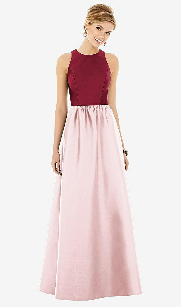 Front View - Ballet Pink & Burgundy Sleeveless Keyhole Back Satin Maxi Dress