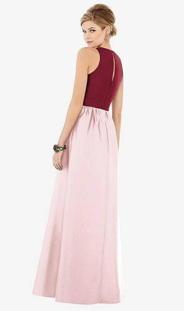 Back View - Ballet Pink & Burgundy Sleeveless Keyhole Back Satin Maxi Dress