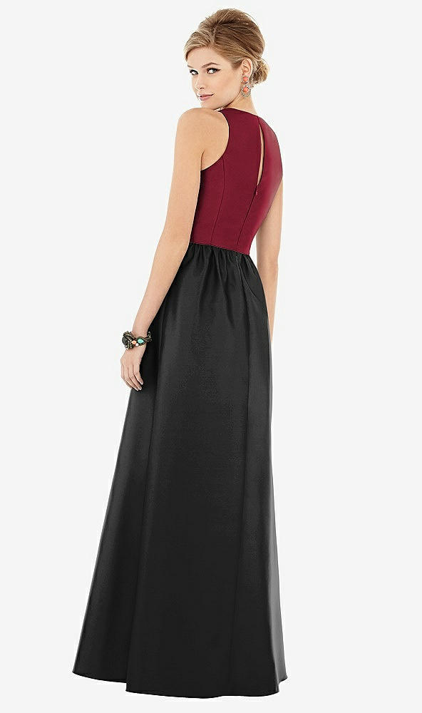 Back View - Black & Burgundy Sleeveless Keyhole Back Satin Maxi Dress