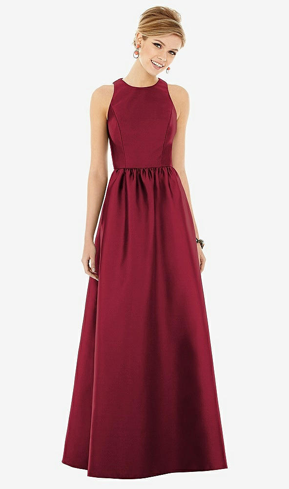 Front View - Burgundy & Burgundy Sleeveless Keyhole Back Satin Maxi Dress