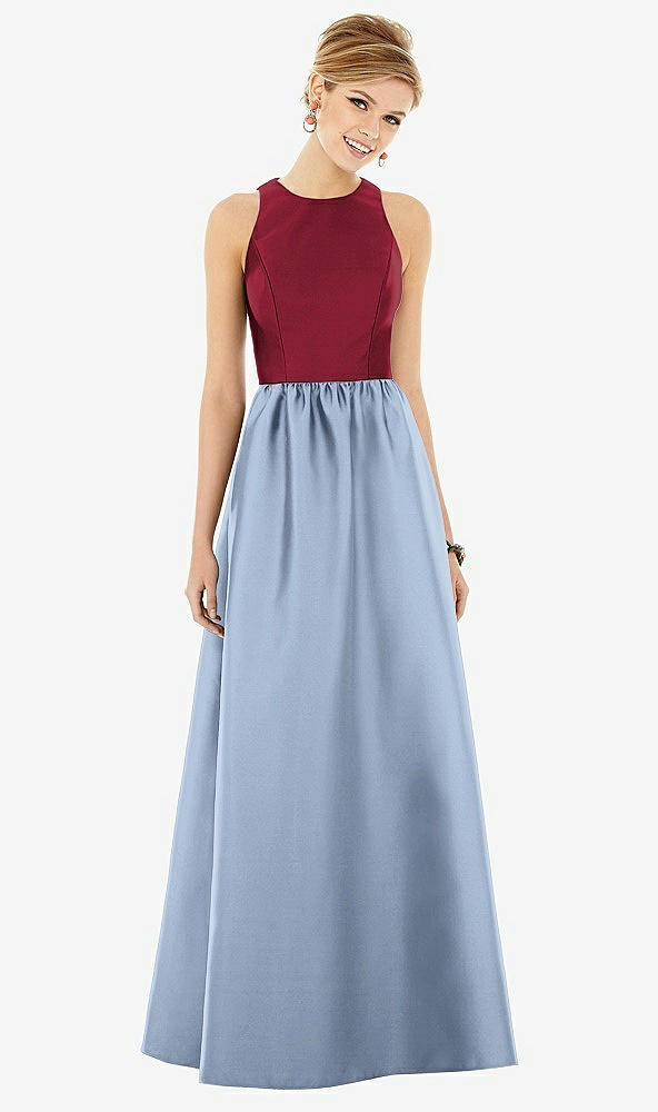 Front View - Cloudy & Burgundy Sleeveless Keyhole Back Satin Maxi Dress