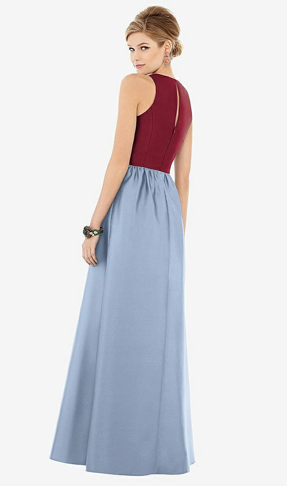 Back View - Cloudy & Burgundy Sleeveless Keyhole Back Satin Maxi Dress