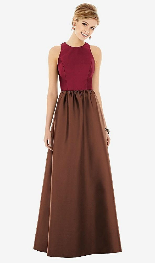 Front View - Cognac & Burgundy Sleeveless Keyhole Back Satin Maxi Dress