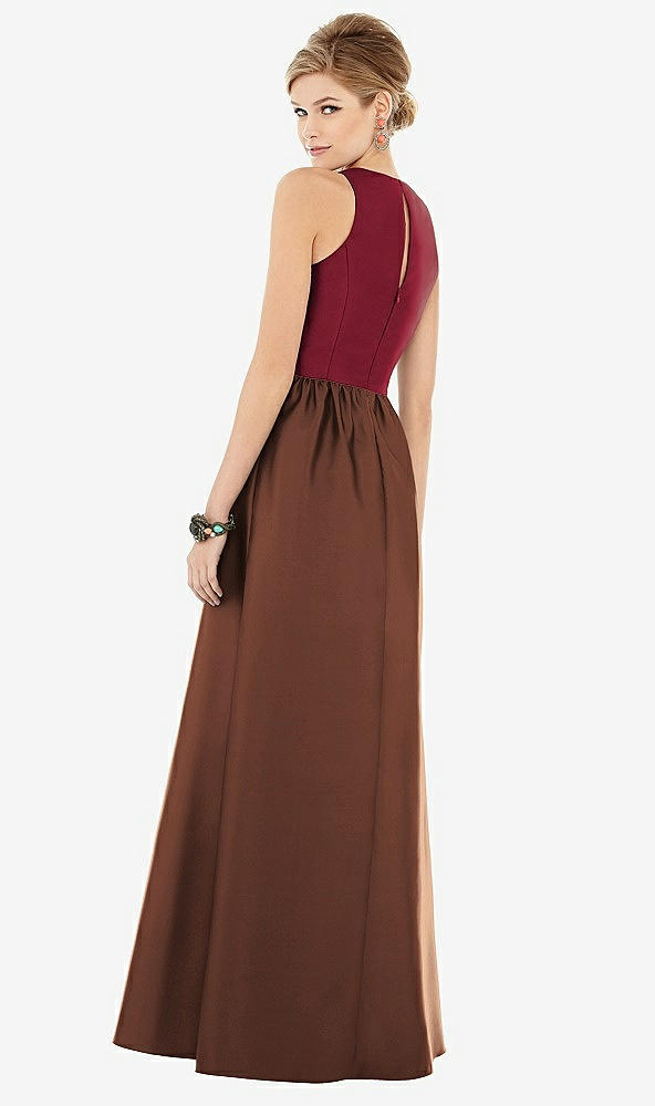 Back View - Cognac & Burgundy Sleeveless Keyhole Back Satin Maxi Dress