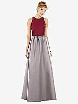 Front View Thumbnail - Cashmere Gray & Burgundy Sleeveless Keyhole Back Satin Maxi Dress