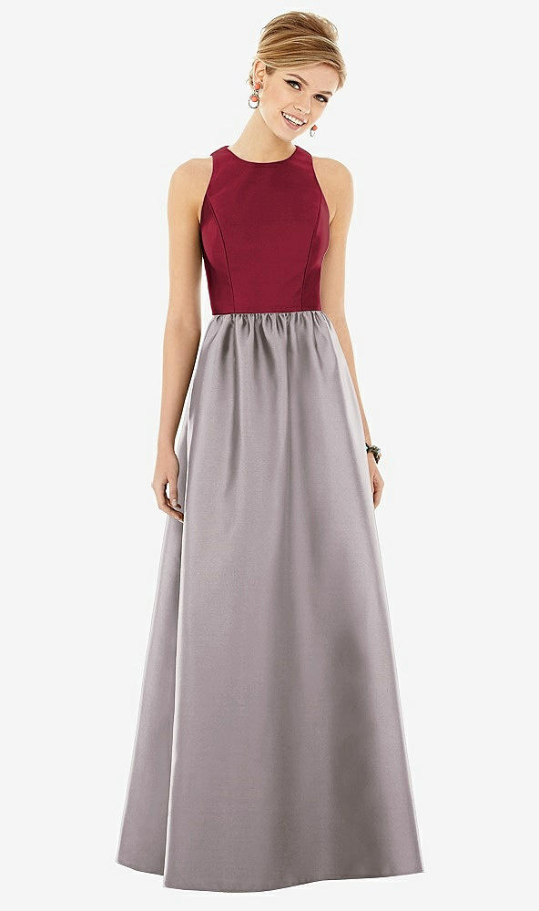 Front View - Cashmere Gray & Burgundy Sleeveless Keyhole Back Satin Maxi Dress