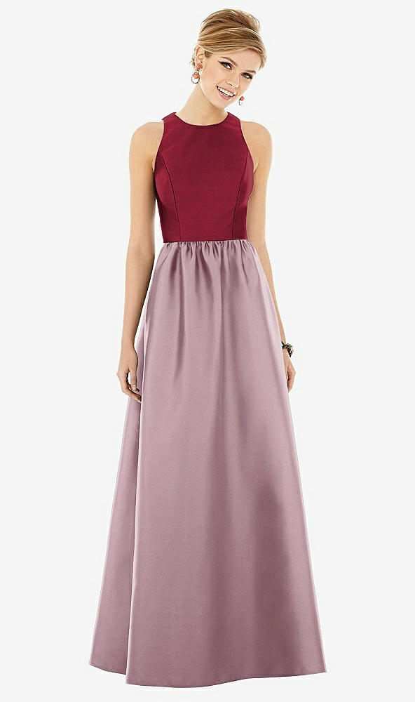 Front View - Dusty Rose & Burgundy Sleeveless Keyhole Back Satin Maxi Dress