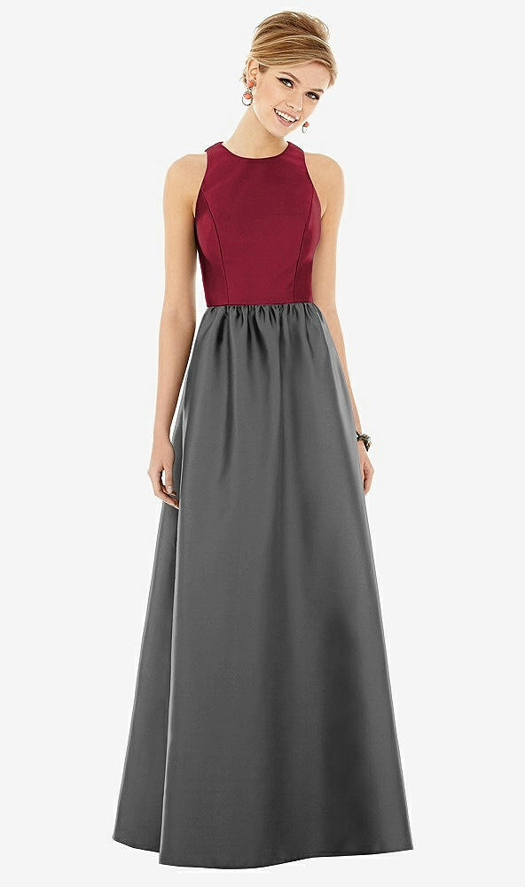 Front View - Gunmetal & Burgundy Sleeveless Keyhole Back Satin Maxi Dress