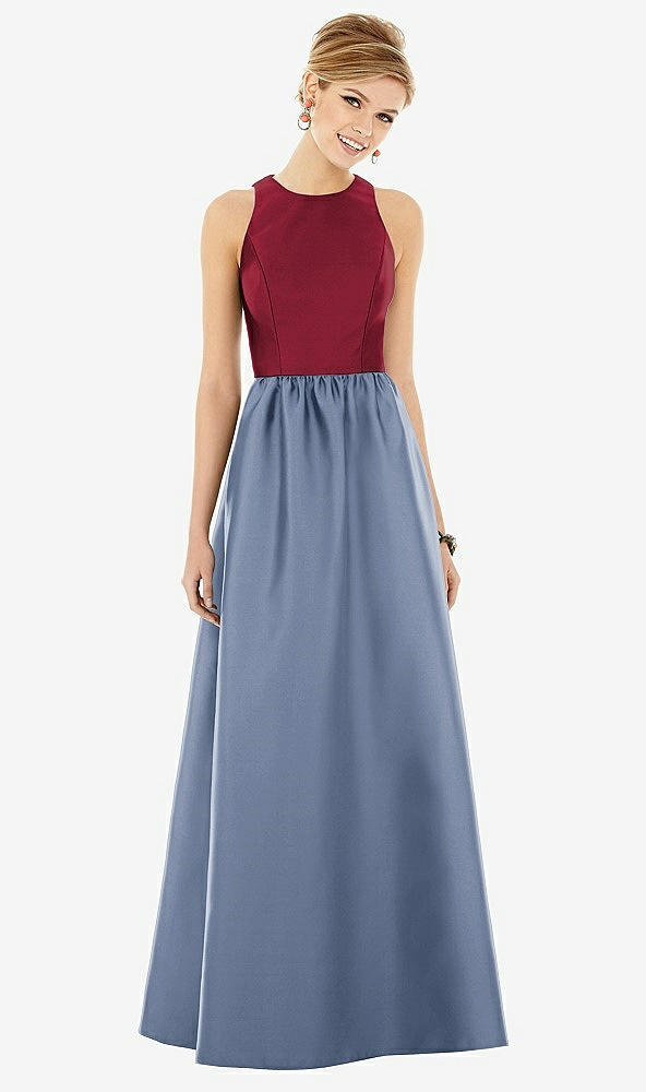 Front View - Larkspur Blue & Burgundy Sleeveless Keyhole Back Satin Maxi Dress