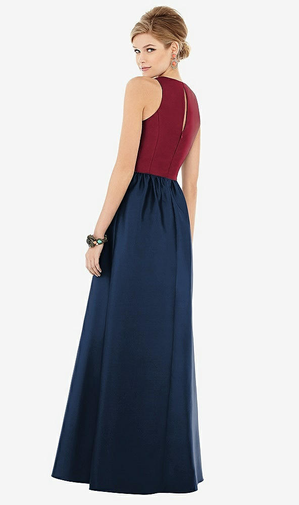 Back View - Midnight Navy & Burgundy Sleeveless Keyhole Back Satin Maxi Dress