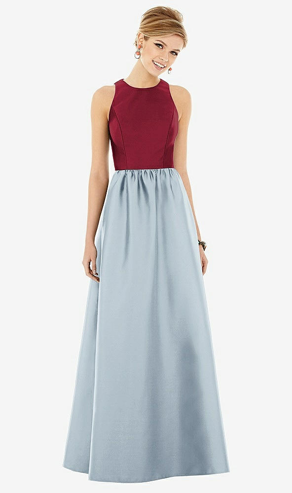 Front View - Mist & Burgundy Sleeveless Keyhole Back Satin Maxi Dress