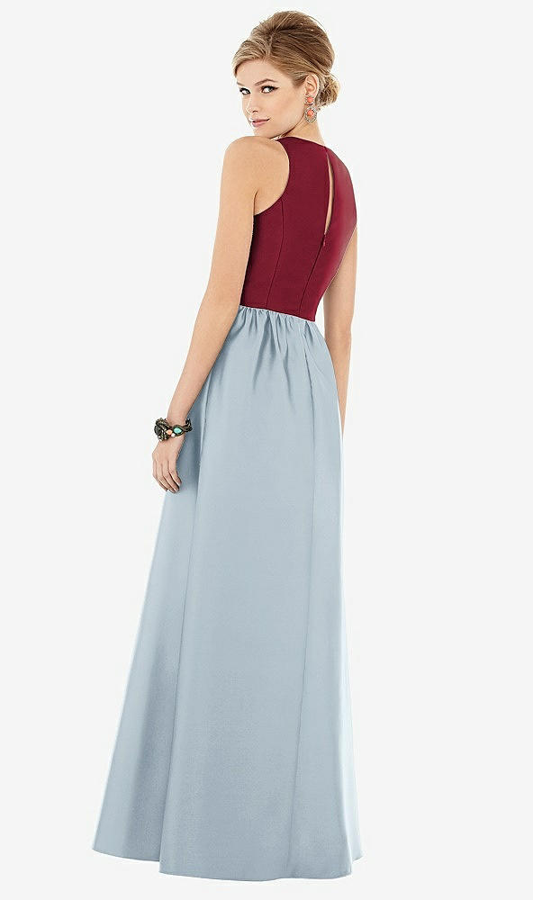 Back View - Mist & Burgundy Sleeveless Keyhole Back Satin Maxi Dress