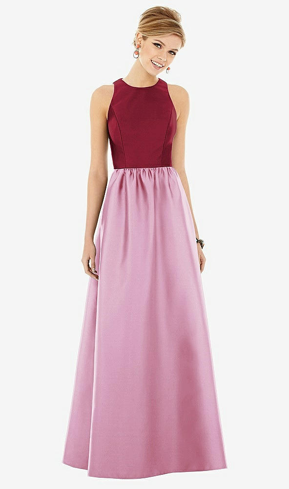 Front View - Powder Pink & Burgundy Sleeveless Keyhole Back Satin Maxi Dress