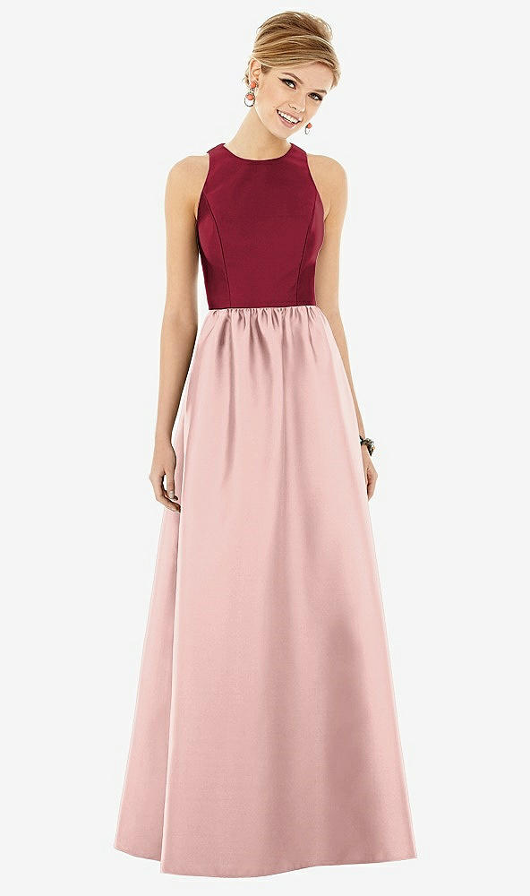 Front View - Rose - PANTONE Rose Quartz & Burgundy Sleeveless Keyhole Back Satin Maxi Dress