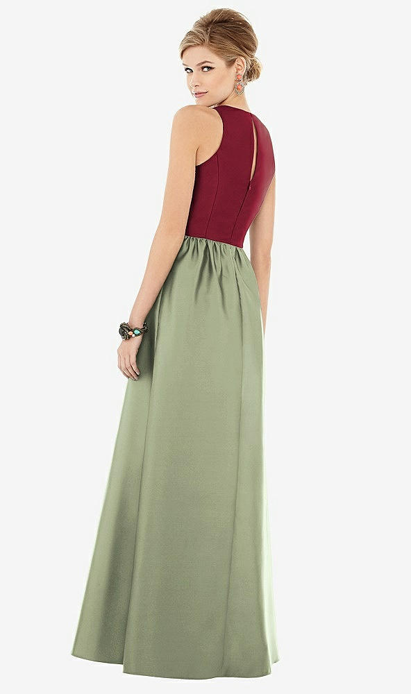 Back View - Sage & Burgundy Sleeveless Keyhole Back Satin Maxi Dress