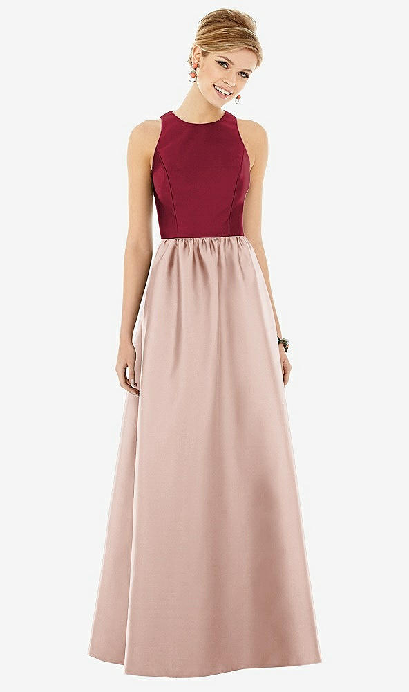 Front View - Toasted Sugar & Burgundy Sleeveless Keyhole Back Satin Maxi Dress