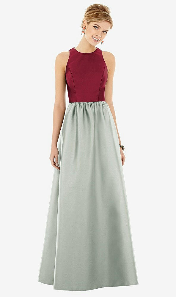 Front View - Willow Green & Burgundy Sleeveless Keyhole Back Satin Maxi Dress