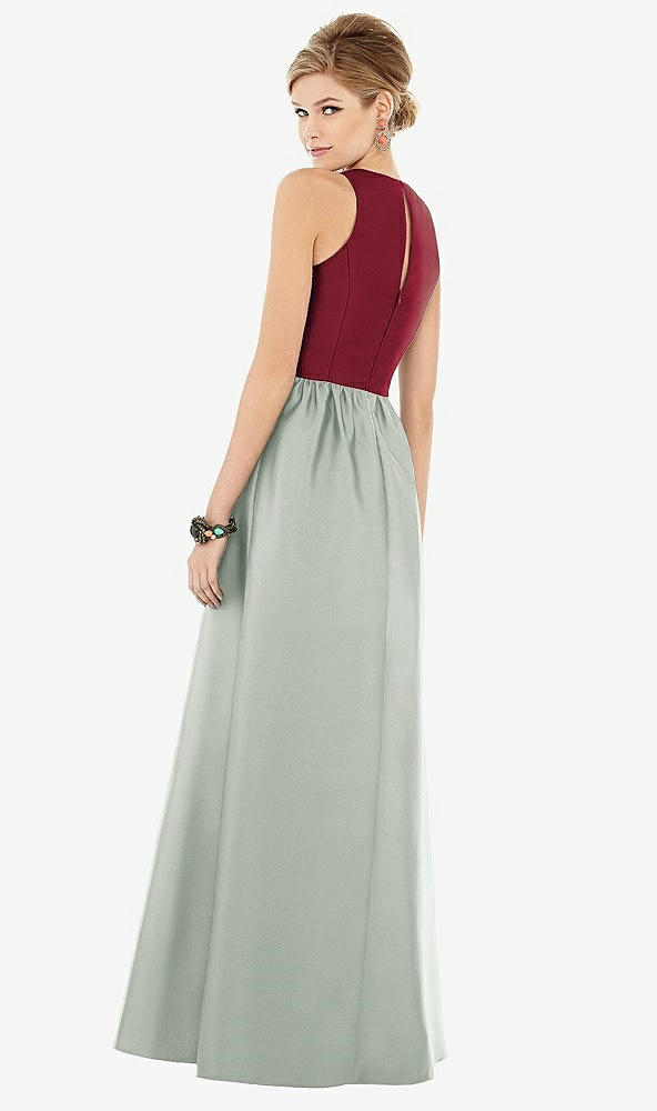 Back View - Willow Green & Burgundy Sleeveless Keyhole Back Satin Maxi Dress