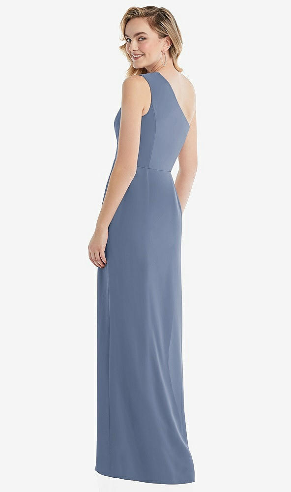 Back View - Larkspur Blue One-Shoulder Draped Bodice Column Gown