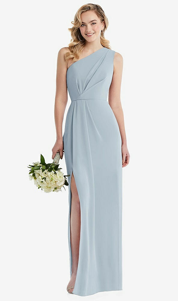 Front View - Mist One-Shoulder Draped Bodice Column Gown