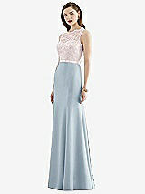 Front View Thumbnail - Mist & Blush Lace Bodice Open-Back Trumpet Gown with Bow Belt