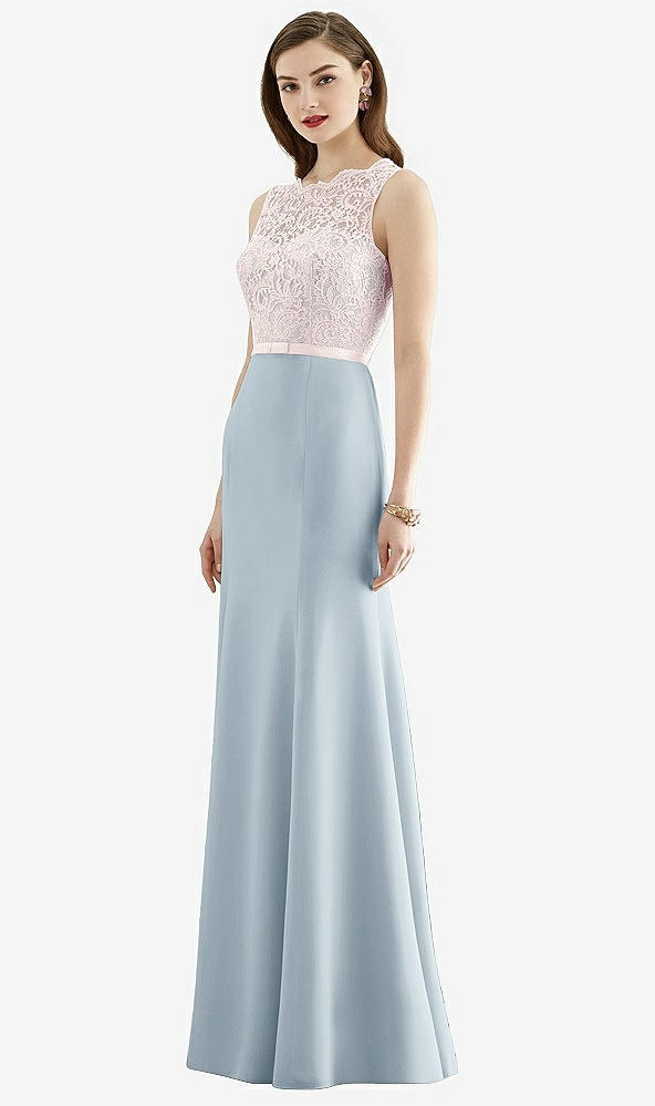 Front View - Mist & Blush Lace Bodice Open-Back Trumpet Gown with Bow Belt