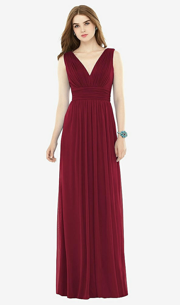 Front View - Burgundy Natural Waist Sleeveless Shirred Skirt Dress