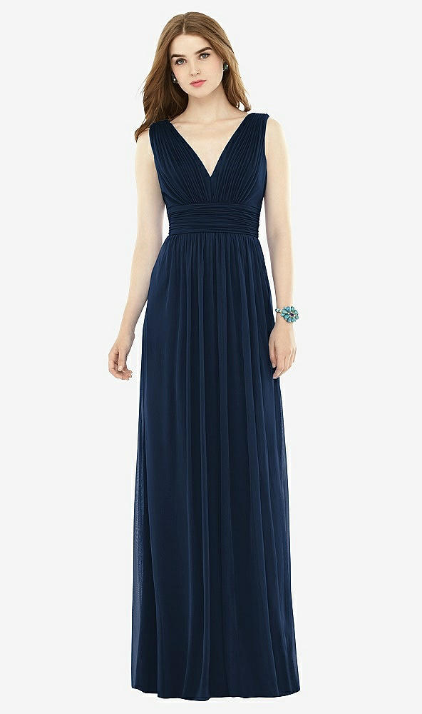 Front View - Midnight Navy Natural Waist Sleeveless Shirred Skirt Dress