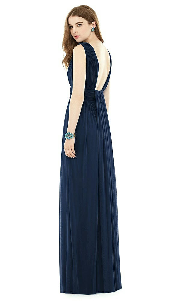 Back View - Midnight Navy Natural Waist Sleeveless Shirred Skirt Dress