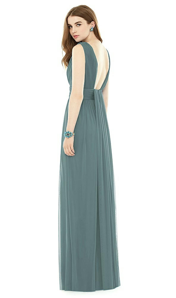 Back View - Smoke Blue Natural Waist Sleeveless Shirred Skirt Dress