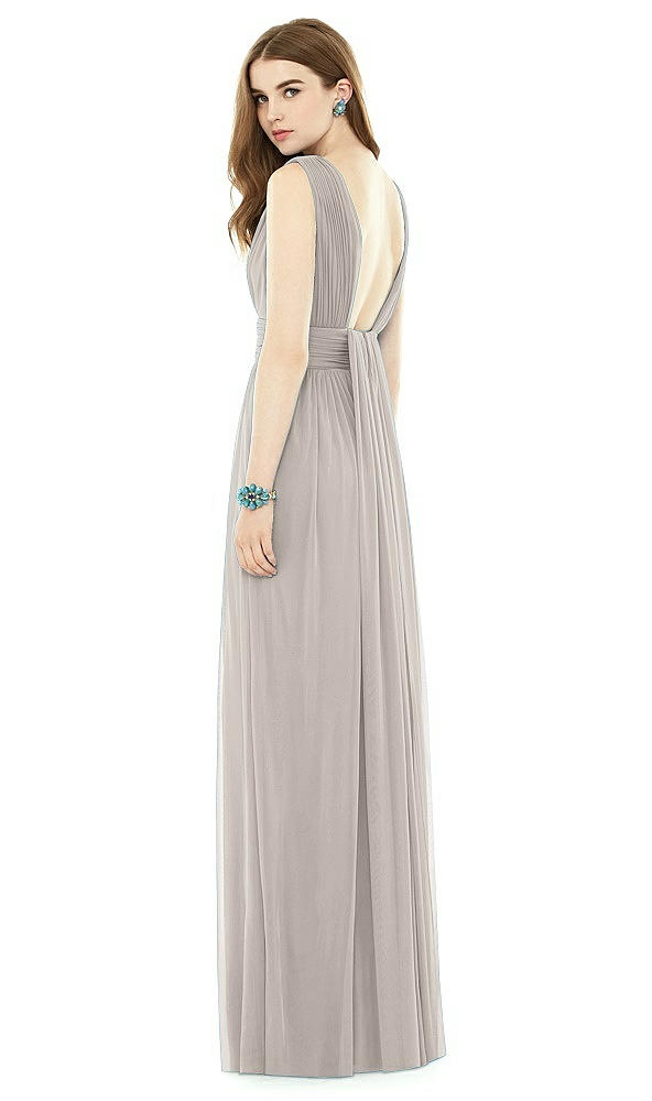 Back View - Taupe Natural Waist Sleeveless Shirred Skirt Dress