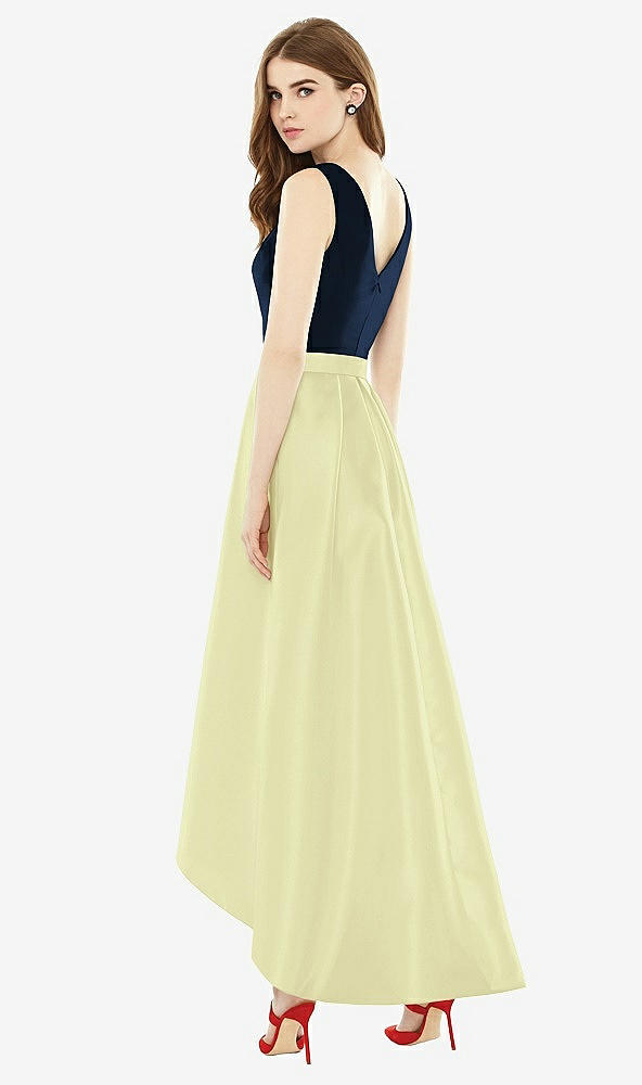 Back View - Butter Yellow & Midnight Navy Sleeveless Pleated Skirt High Low Dress with Pockets