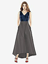 Front View Thumbnail - Caviar Gray & Midnight Navy Sleeveless Pleated Skirt High Low Dress with Pockets