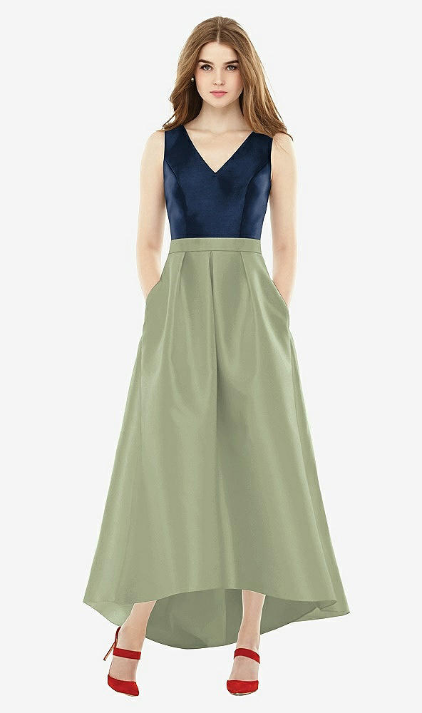 Front View - Sage & Midnight Navy Sleeveless Pleated Skirt High Low Dress with Pockets