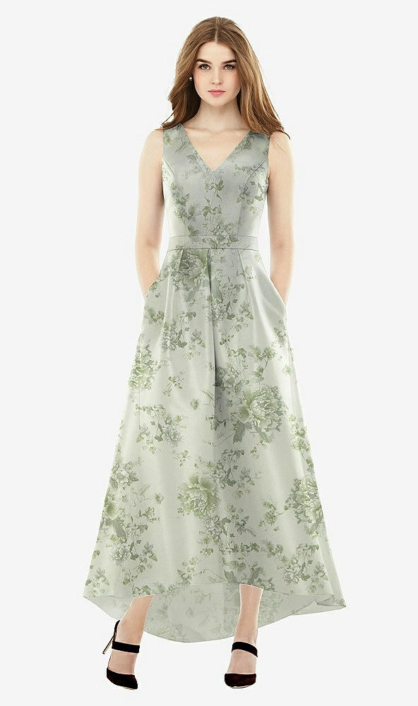 Front View - Sage Cottage Rose Sleeveless Floral Satin High Low Dress with Pockets