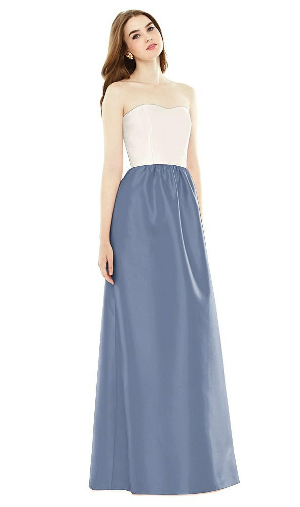 Front View - Larkspur Blue & Ivory Full Length Strapless Satin Twill dress with Pockets