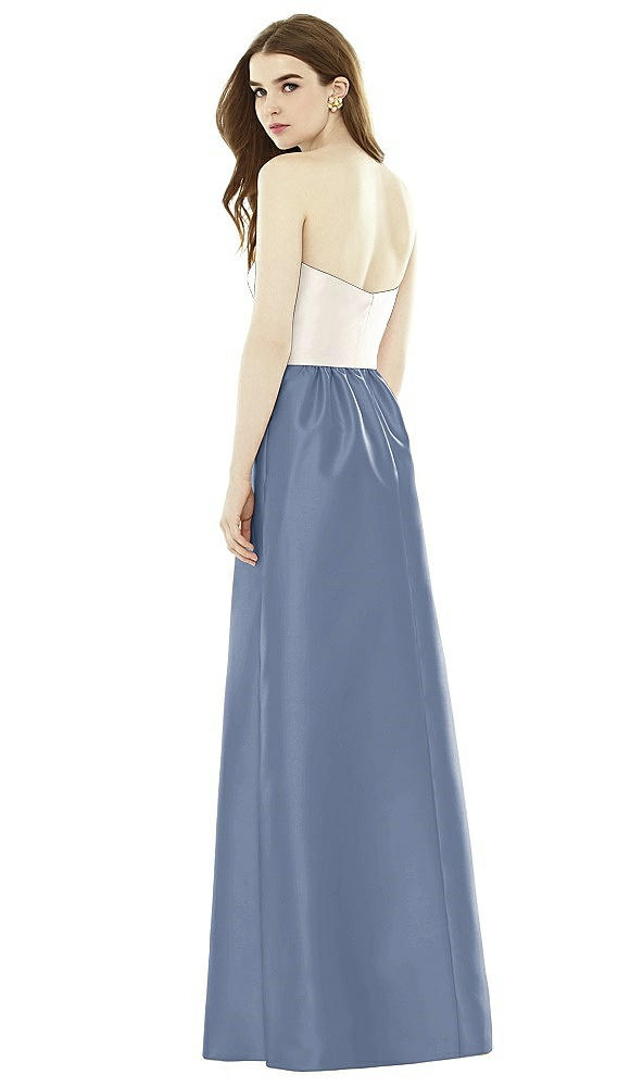 Back View - Larkspur Blue & Ivory Full Length Strapless Satin Twill dress with Pockets