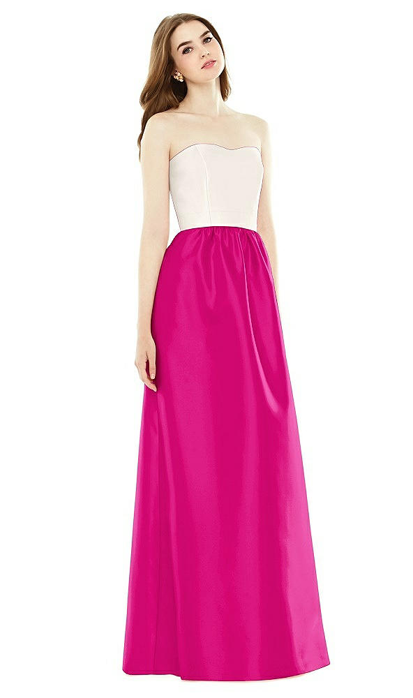 Front View - Think Pink & Ivory Full Length Strapless Satin Twill dress with Pockets