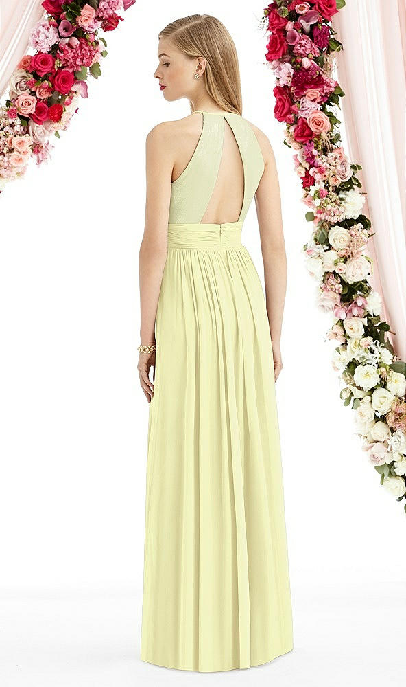 Back View - Butter Yellow Halter Lux Chiffon Sequin Bodice Dress