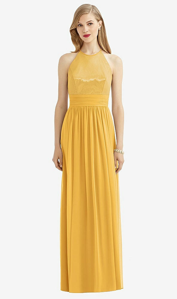 Front View - NYC Yellow Halter Lux Chiffon Sequin Bodice Dress