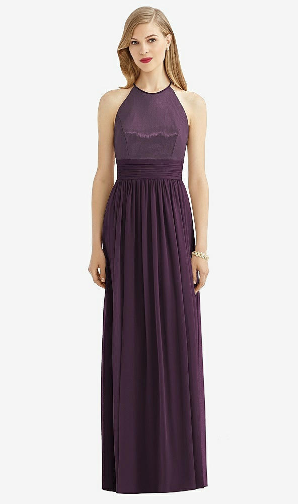 Front View - Aubergine Halter Lux Chiffon Sequin Bodice Dress