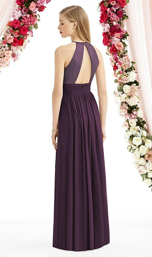 Back View - Aubergine Halter Lux Chiffon Sequin Bodice Dress